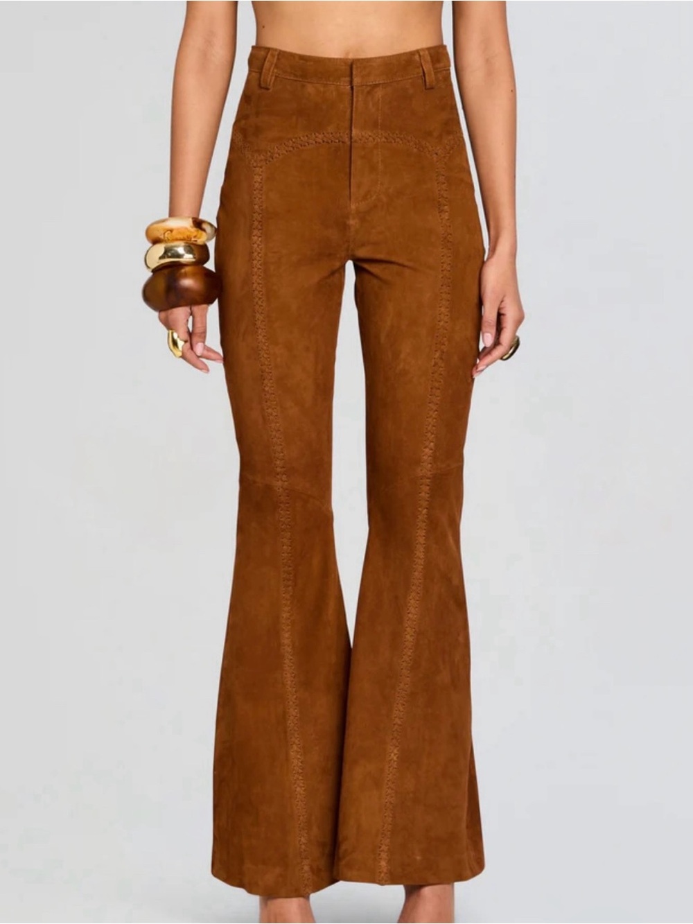 Retrofete Manuela Brown Suede Flared High-Rise Pants